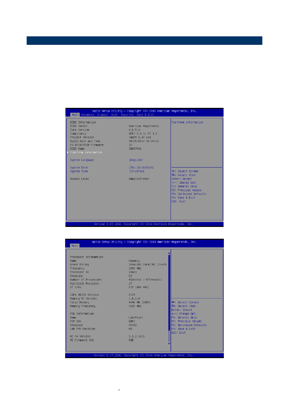 Bios setup, Main menu | Avalue ECM-QM87 User Manual | Page 40 / 74