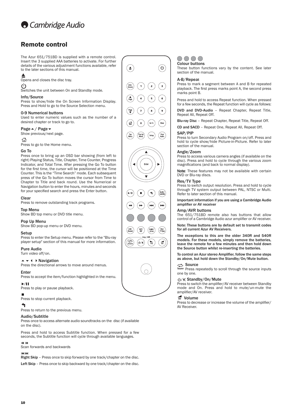 Remote control | Cambridge Audio AZUR 751BD User Manual | Page 10 / 40