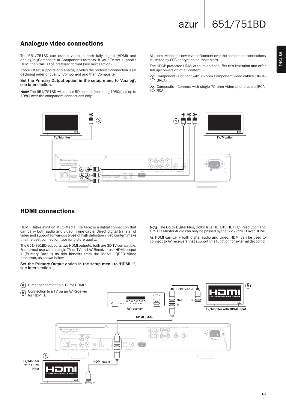 Analogue video connections hdmi connections | Cambridge Audio AZUR 751BD User Manual | Page 13 / 40