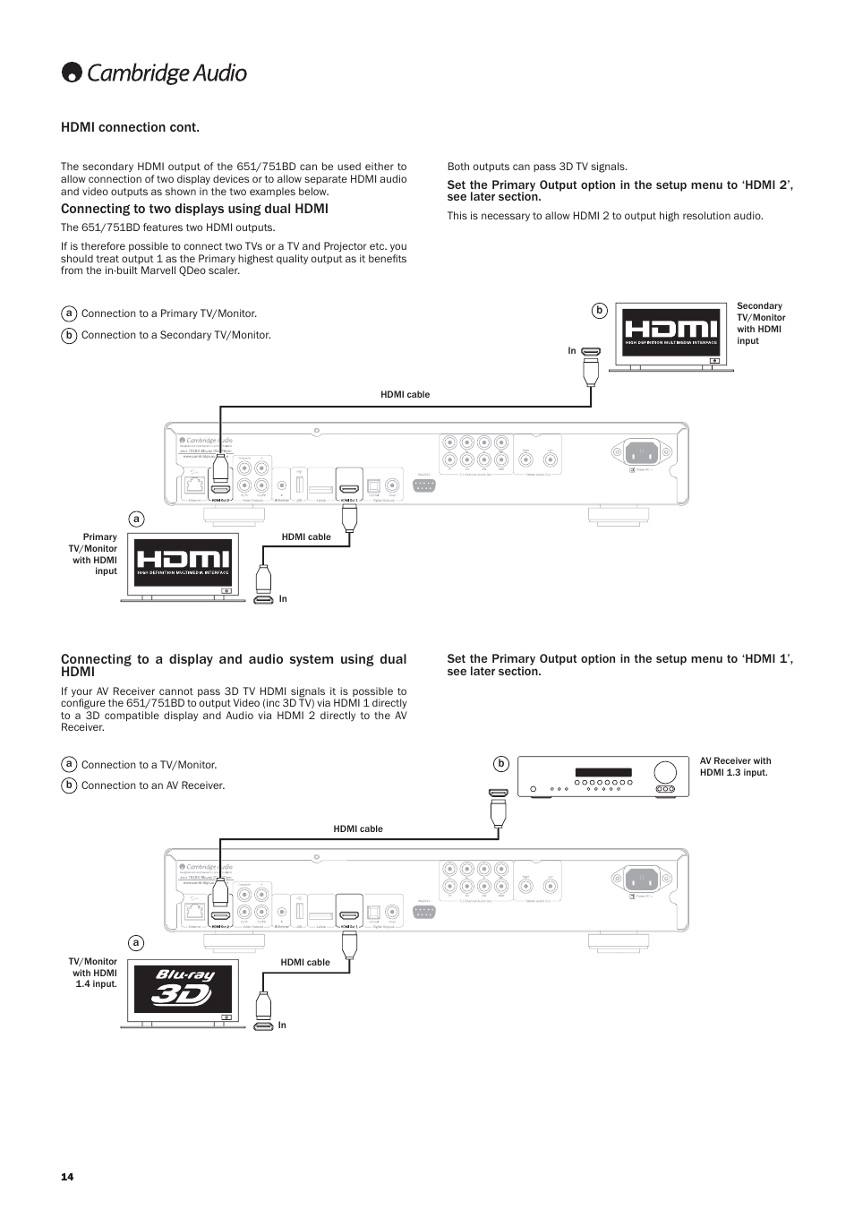Hdmi connection cont, Connecting to two displays using dual hdmi | Cambridge Audio AZUR 751BD User Manual | Page 14 / 40