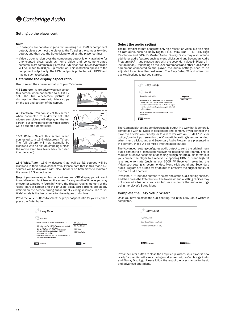 Complete the easy setup wizard, Determine the display aspect ratio | Cambridge Audio AZUR 751BD User Manual | Page 16 / 40