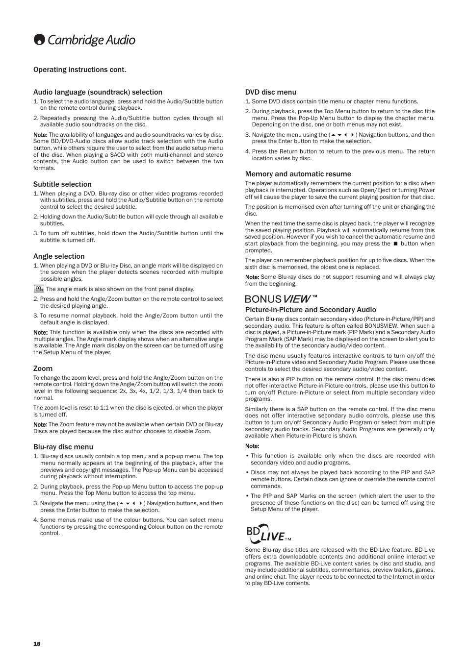 Subtitle selection, Angle selection, Zoom | Blu-ray disc menu, Dvd disc menu, Picture-in-picture and secondary audio | Cambridge Audio AZUR 751BD User Manual | Page 18 / 40