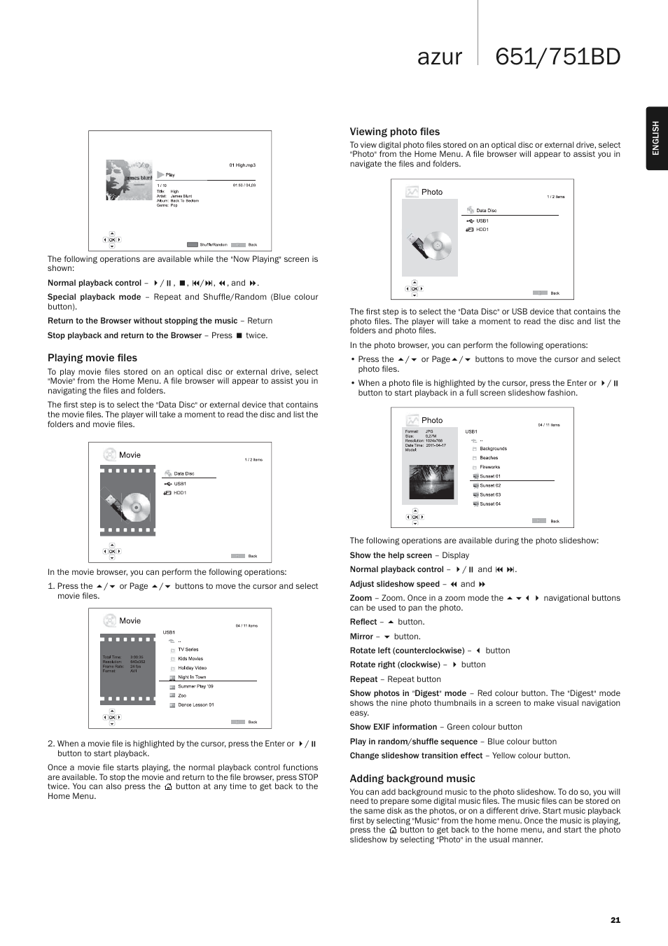 Playing movie ﬁles, Viewing photo ﬁles, Adding background music | Cambridge Audio AZUR 751BD User Manual | Page 21 / 40