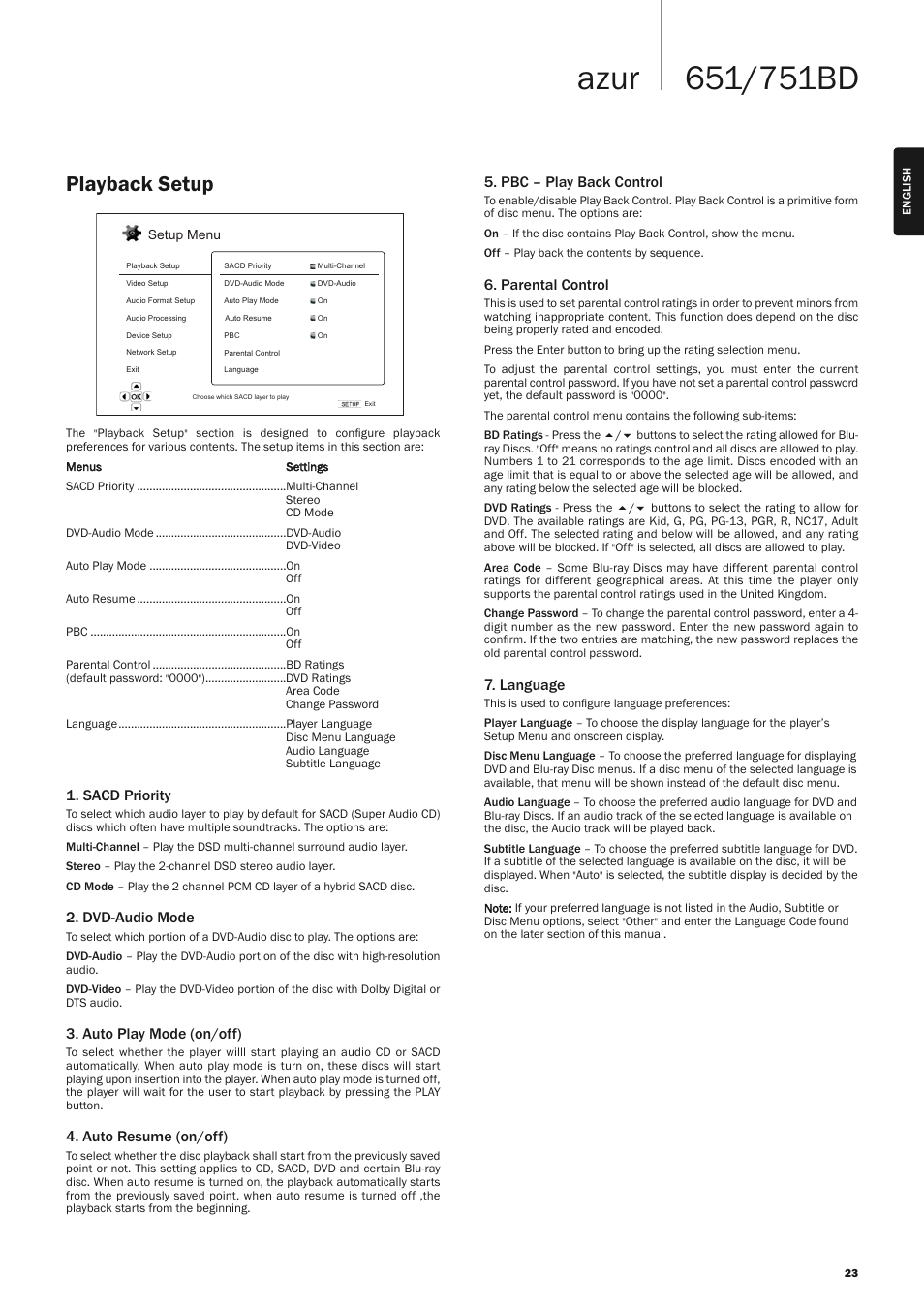 Playback setup, Pbc – play back control, Parental control | Language, Sacd priority, Dvd-audio mode, Auto play mode (on/off), Auto resume (on/off) | Cambridge Audio AZUR 751BD User Manual | Page 23 / 40