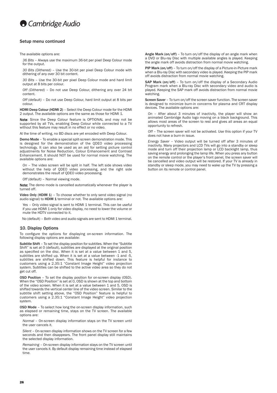 Display options, Setup menu continued | Cambridge Audio AZUR 751BD User Manual | Page 26 / 40
