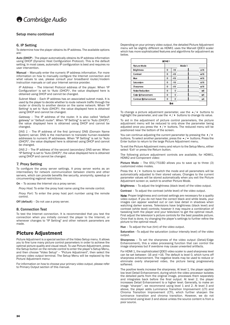 Picture adjustment, Ip setting, Proxy setting | Connection test, Setup menu continued | Cambridge Audio AZUR 751BD User Manual | Page 34 / 40