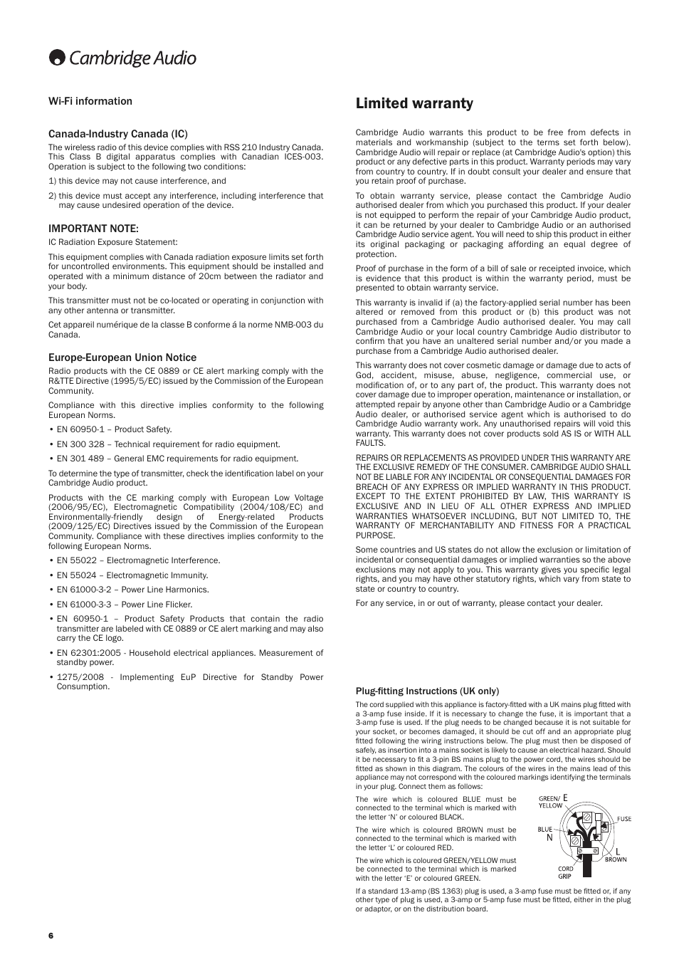 Limited warranty, Canada-industry canada (ic), Europe-european union notice | Wi-fi information | Cambridge Audio AZUR 751BD User Manual | Page 6 / 40