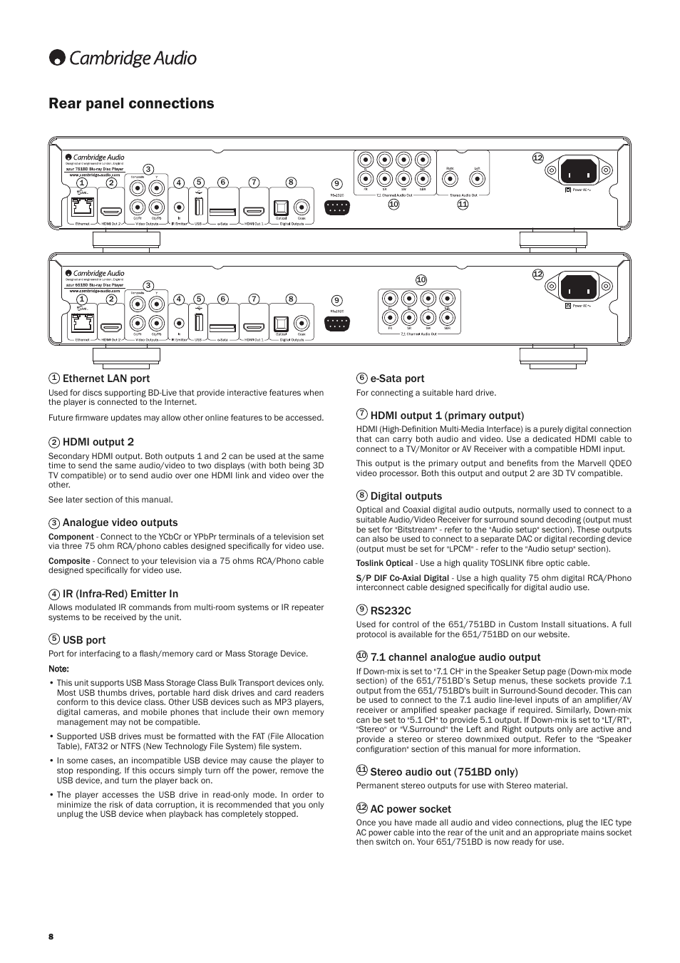 Rear panel connections, E-sata port, Hdmi output 1 (primary output) | Digital outputs, Rs232c, 1 channel analogue audio output, Stereo audio out (751bd only), Ac power socket, Ethernet lan port, Hdmi output 2 | Cambridge Audio AZUR 751BD User Manual | Page 8 / 40