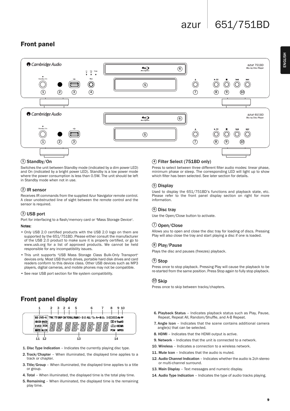 Front panel front panel display | Cambridge Audio AZUR 751BD User Manual | Page 9 / 40