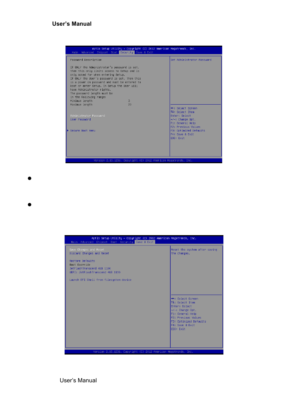 Security, Save and exit | Avalue ECM-KA User Manual | Page 64 / 72