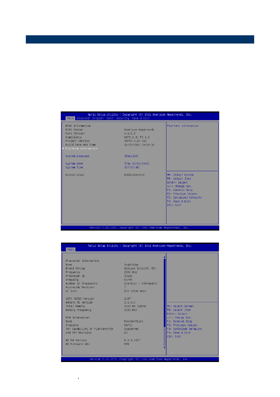 Bios setup, Main menu | Avalue ECM-QM77 User Manual | Page 44 / 89