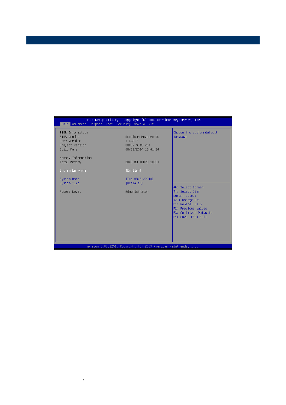 Bios setup, Main menu, System language | System date, System time | Avalue ECM-QM57 User Manual | Page 42 / 79