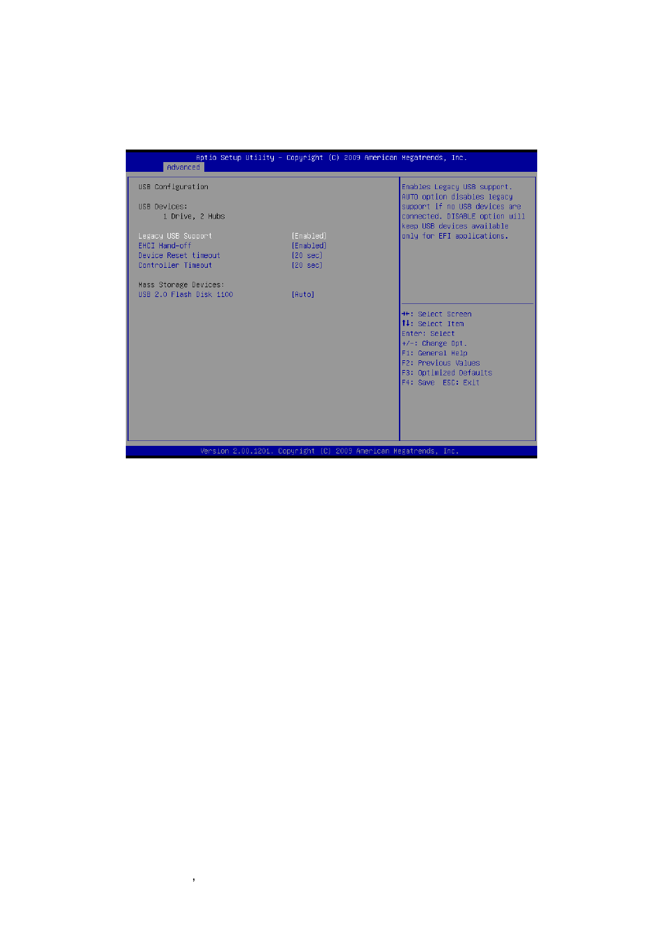 Usb configuration, 1 legacy usb support, 2 echi hand-off | 3 device reset timeout | Avalue ECM-QM57 User Manual | Page 52 / 79