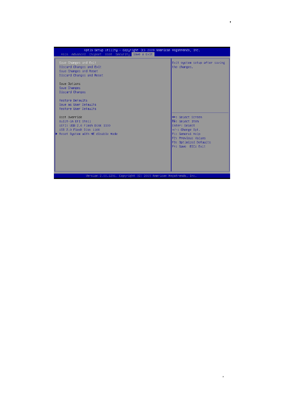 Save & exit, 1 save changes and exit, 2 discard changes and exit | 3 save changes and reset, 4 discard changes and reset, 5 save changes | Avalue ECM-QM57 User Manual | Page 69 / 79