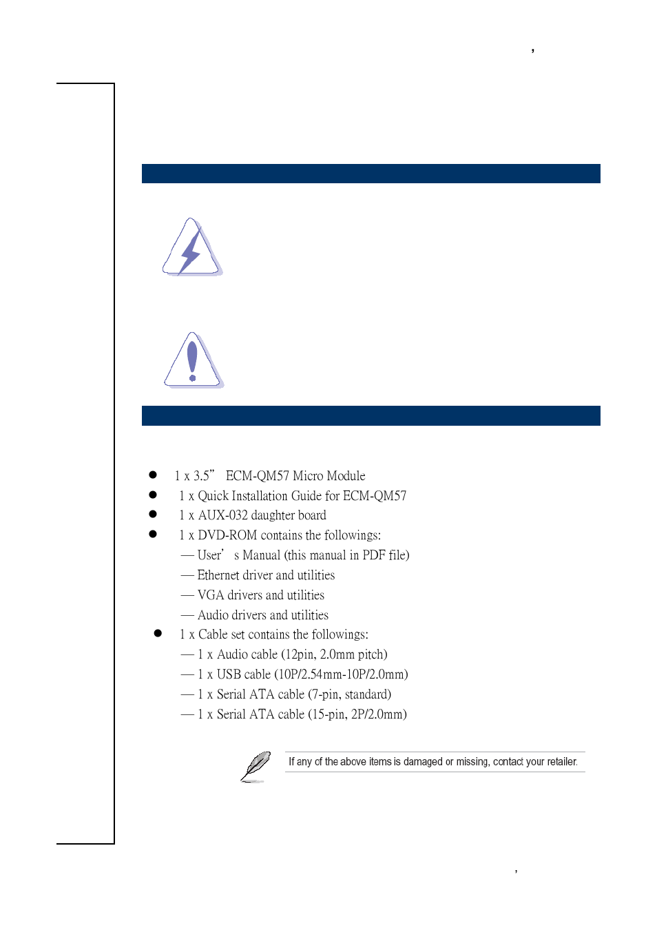 Getting started, Safety precautions, Packing list | Avalue ECM-QM57 User Manual | Page 9 / 79