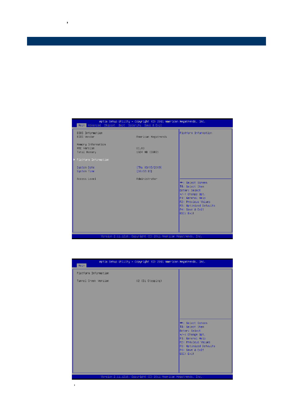 Bios setup, Main menu, Platform information | Avalue ECM-QB User Manual | Page 36 / 67