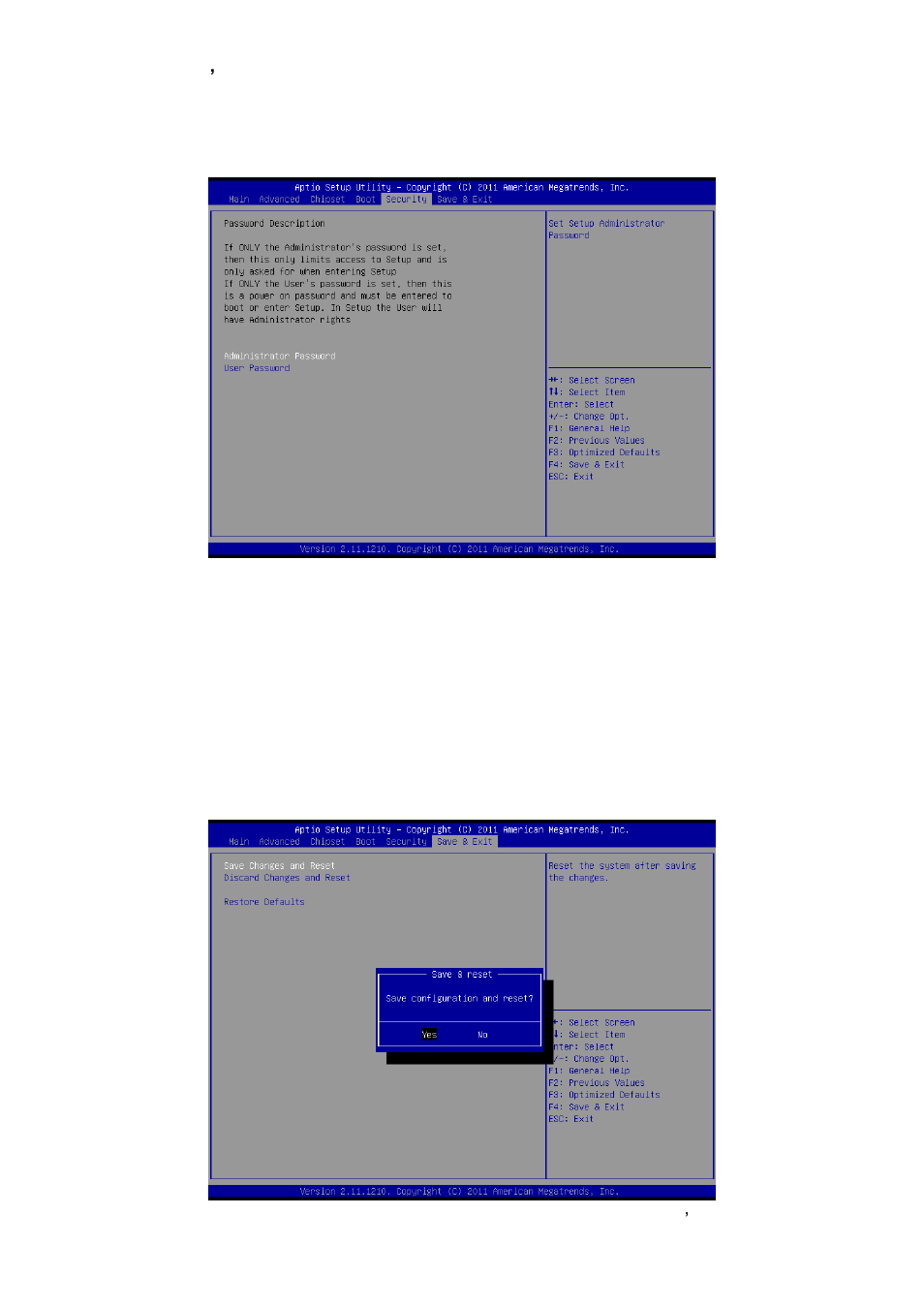 Security, Administrator password, User password | Save changes & reset | Avalue ECM-QB User Manual | Page 55 / 67