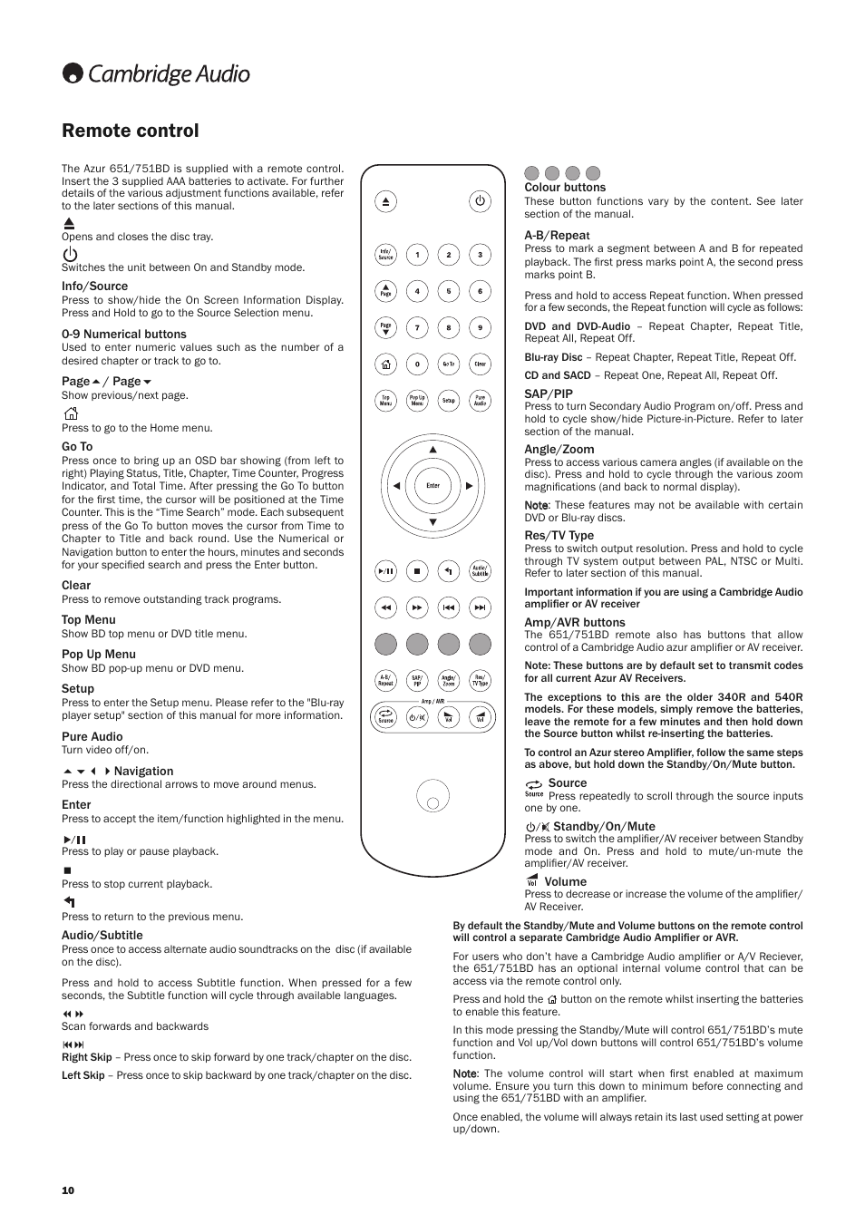 Remote control | Cambridge Audio AZUR 651 User Manual | Page 10 / 40