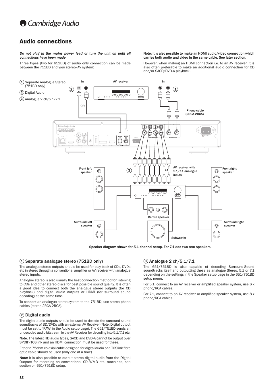 Audio connections, Separate analogue stereo (751bd only), Digital audio | Cambridge Audio AZUR 651 User Manual | Page 12 / 40