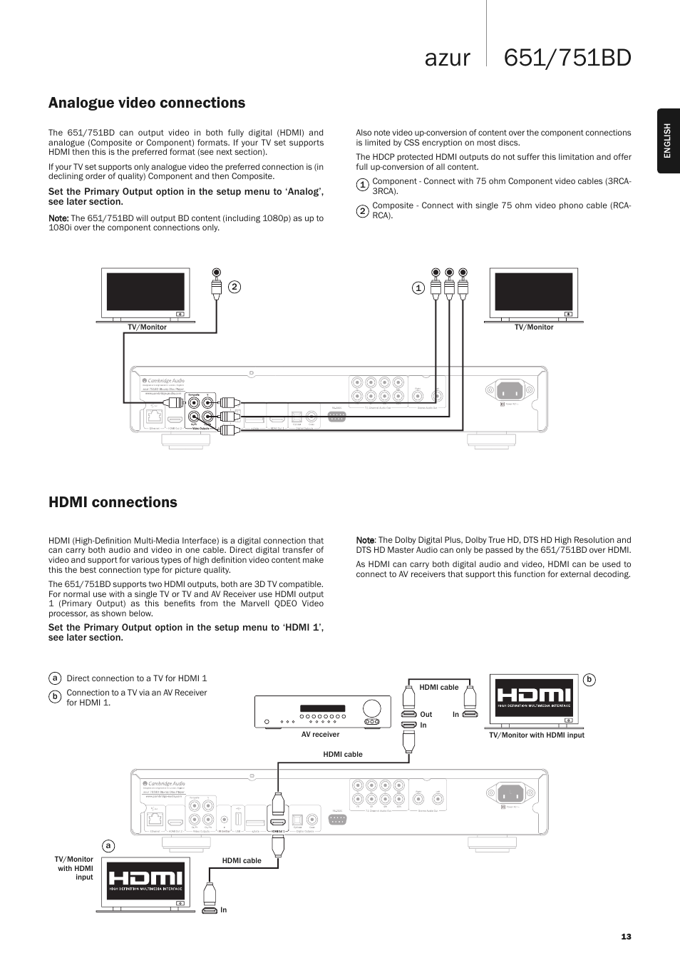 Analogue video connections hdmi connections | Cambridge Audio AZUR 651 User Manual | Page 13 / 40