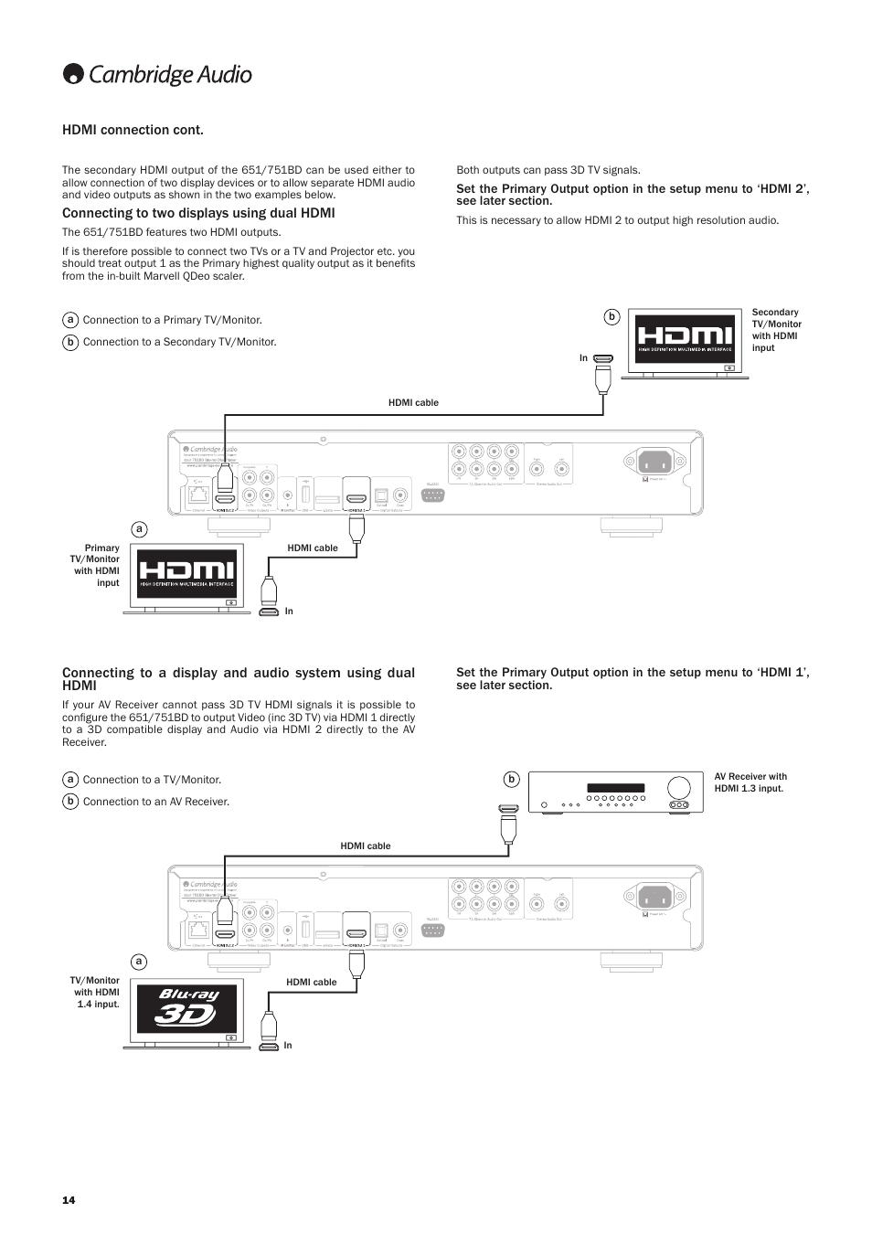 Hdmi connection cont, Connecting to two displays using dual hdmi | Cambridge Audio AZUR 651 User Manual | Page 14 / 40