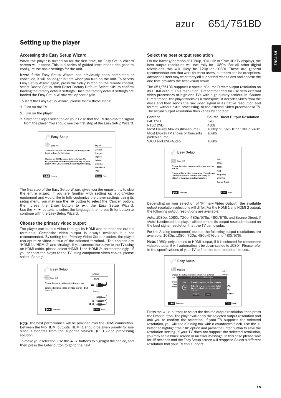 Setting up the player, Accessing the easy setup wizard, Choose the primary video output | Select the best output resolution | Cambridge Audio AZUR 651 User Manual | Page 15 / 40