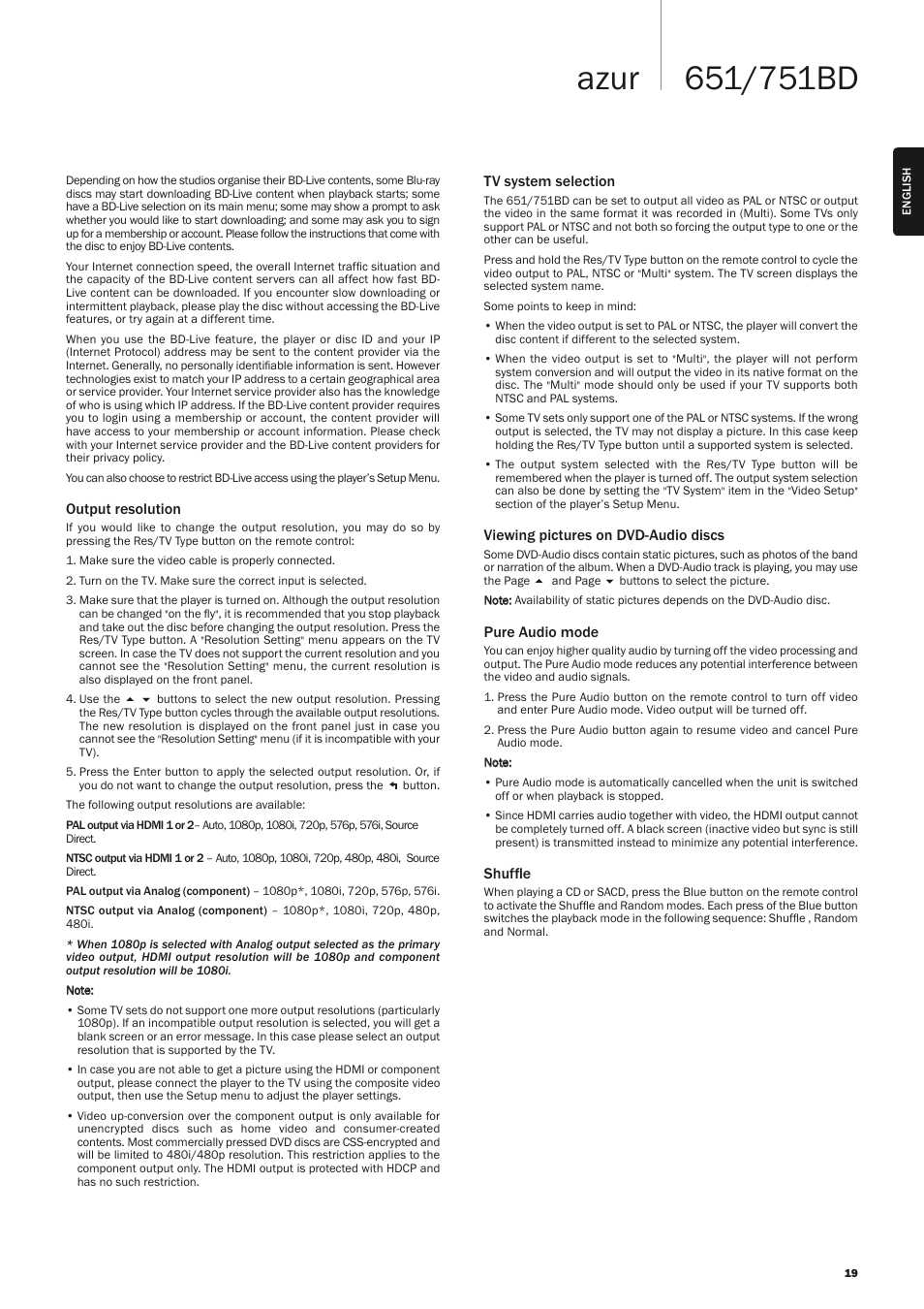 Output resolution, Tv system selection, Viewing pictures on dvd-audio discs | Pure audio mode, Shuffle | Cambridge Audio AZUR 651 User Manual | Page 19 / 40