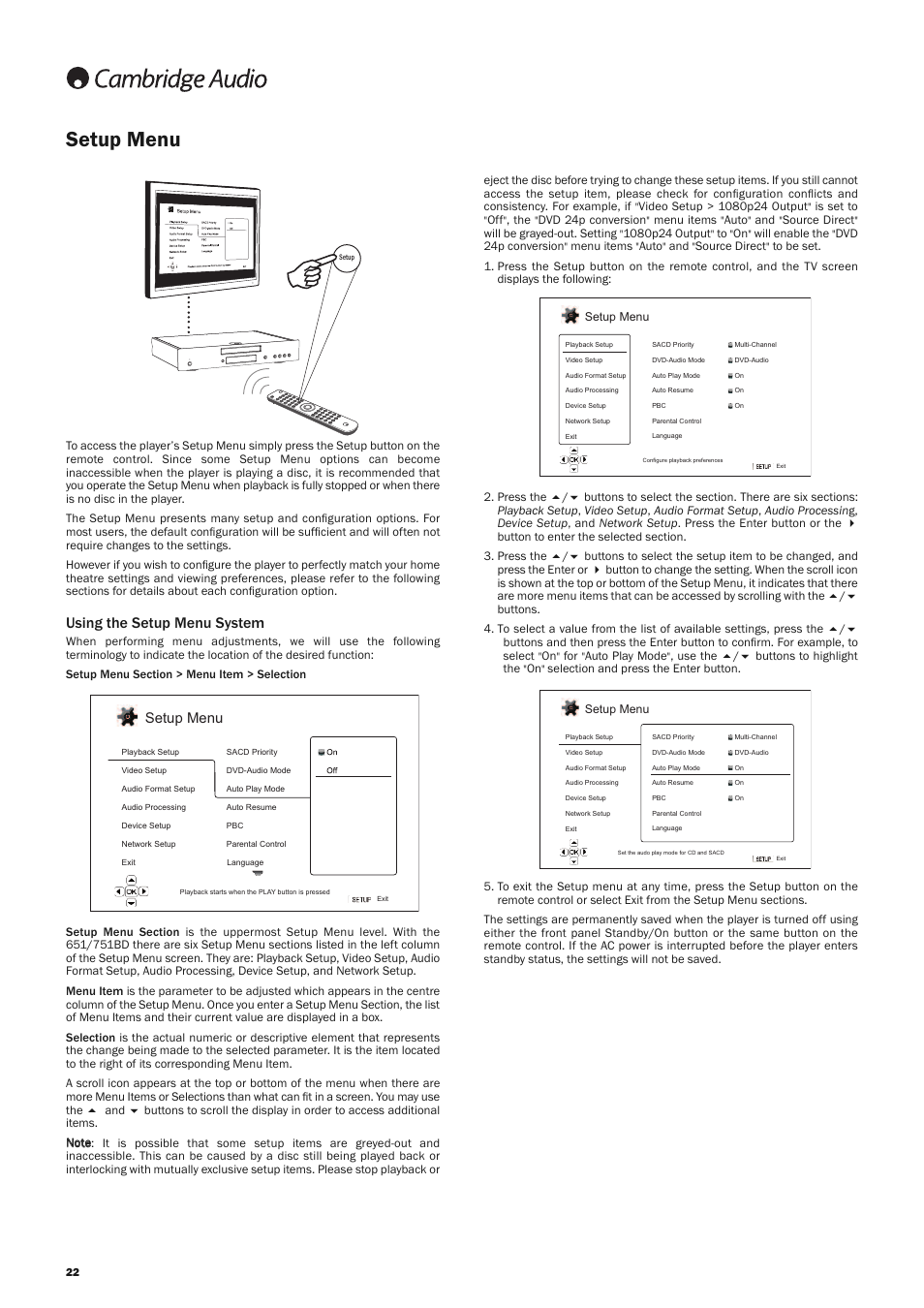 Setup menu, Using the setup menu system | Cambridge Audio AZUR 651 User Manual | Page 22 / 40