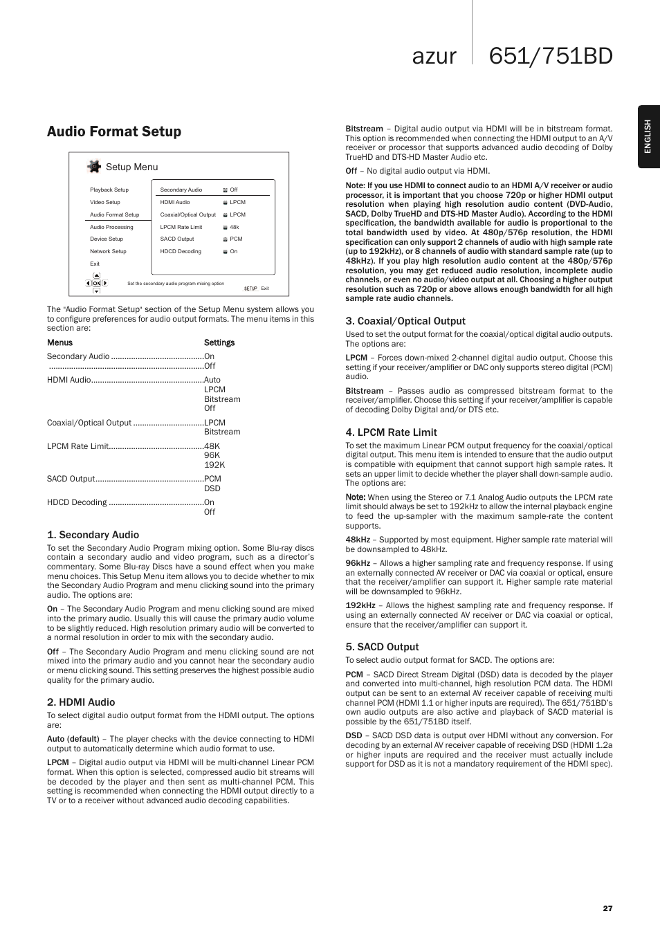 Audio format setup, Secondary audio, Hdmi audio | Coaxial/optical output, Lpcm rate limit, Sacd output | Cambridge Audio AZUR 651 User Manual | Page 27 / 40