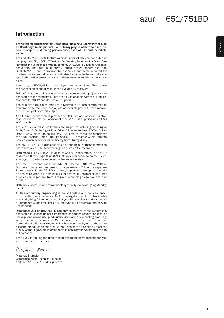 Introduction | Cambridge Audio AZUR 651 User Manual | Page 3 / 40