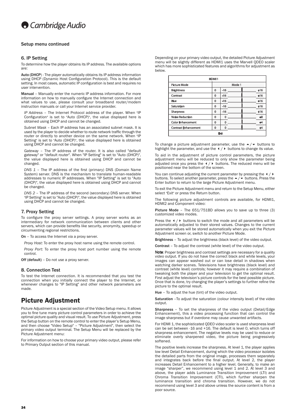 Picture adjustment, Ip setting, Proxy setting | Connection test, Setup menu continued | Cambridge Audio AZUR 651 User Manual | Page 34 / 40