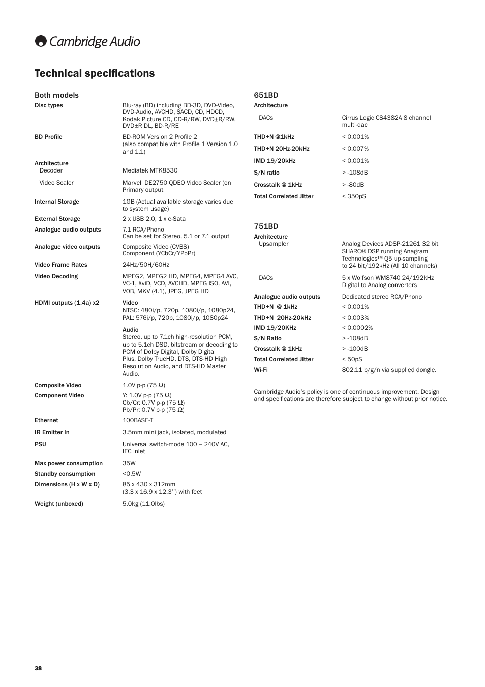 Technical specifications, Both models, 651bd | 751bd | Cambridge Audio AZUR 651 User Manual | Page 38 / 40