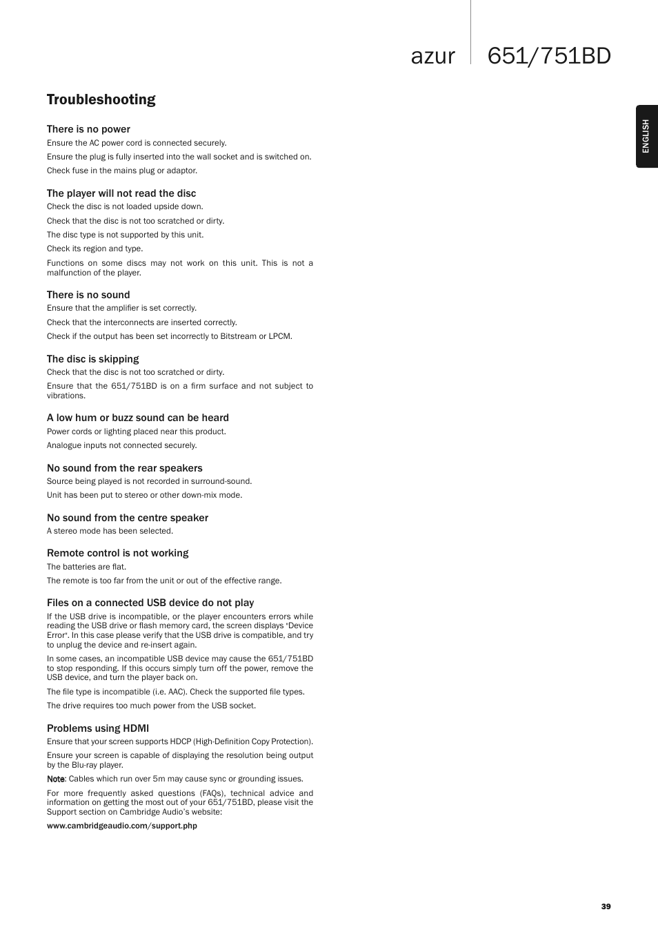 Troubleshooting | Cambridge Audio AZUR 651 User Manual | Page 39 / 40