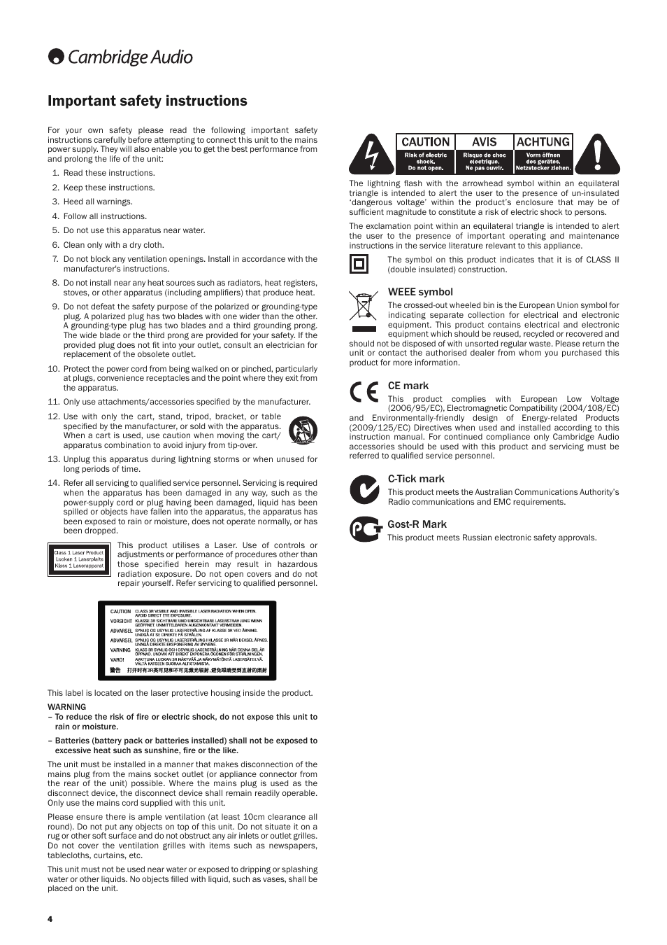 Important safety instructions, Weee symbol, Ce mark | C-tick mark, Gost-r mark | Cambridge Audio AZUR 651 User Manual | Page 4 / 40