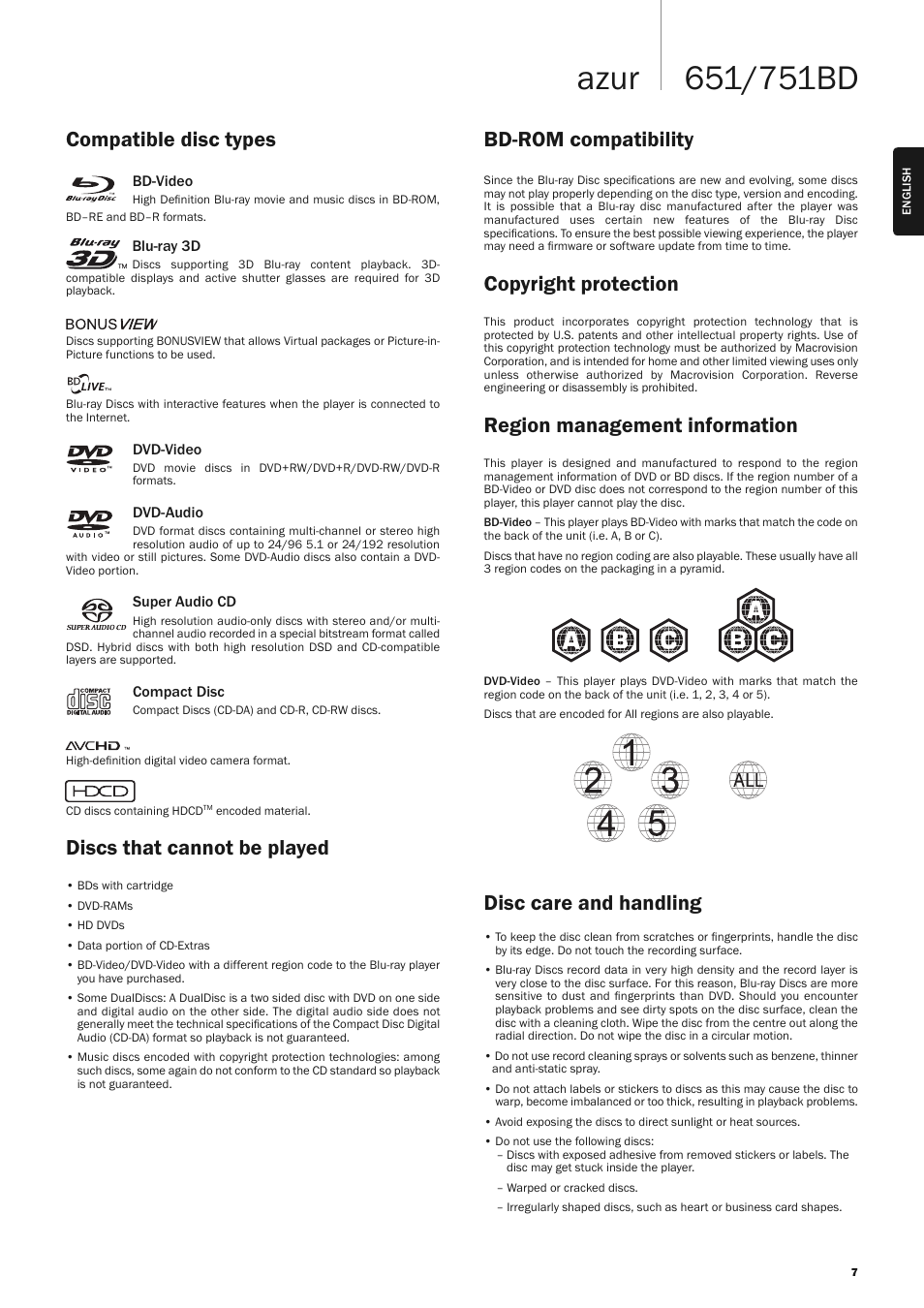 Discs that cannot be played, Copyright protection, Region management information | Cambridge Audio AZUR 651 User Manual | Page 7 / 40