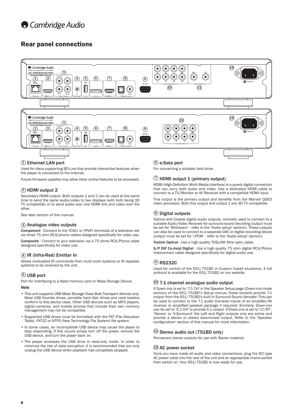 Rear panel connections, E-sata port, Hdmi output 1 (primary output) | Digital outputs, Rs232c, 1 channel analogue audio output, Stereo audio out (751bd only), Ac power socket, Ethernet lan port, Hdmi output 2 | Cambridge Audio AZUR 651 User Manual | Page 8 / 40