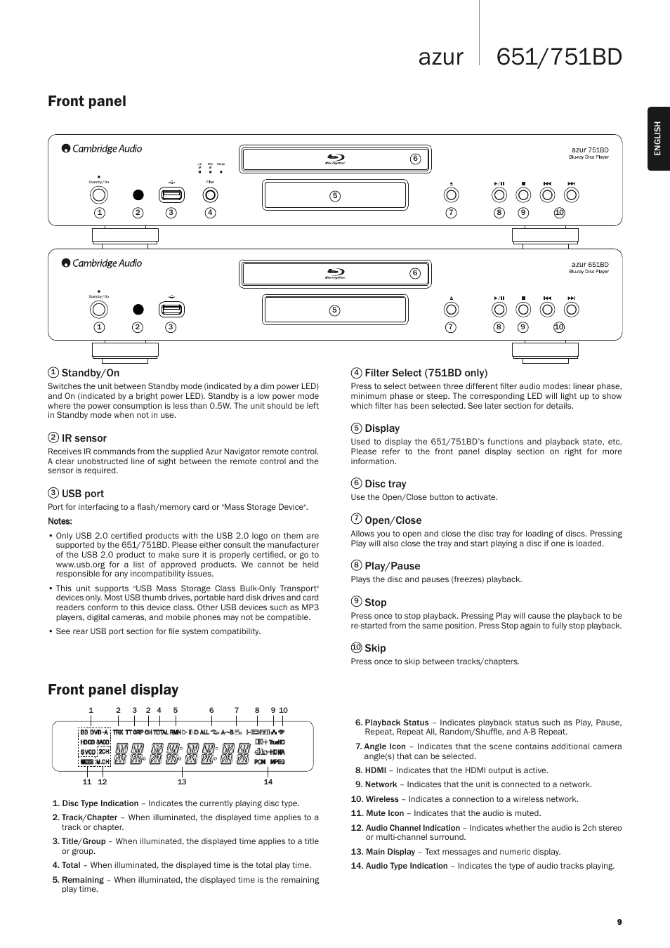 Front panel front panel display | Cambridge Audio AZUR 651 User Manual | Page 9 / 40