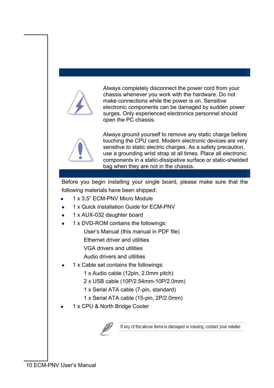 Getting started, 1 safety precautions, 2 packing list | Avalue ECM-PNV User Manual | Page 10 / 105