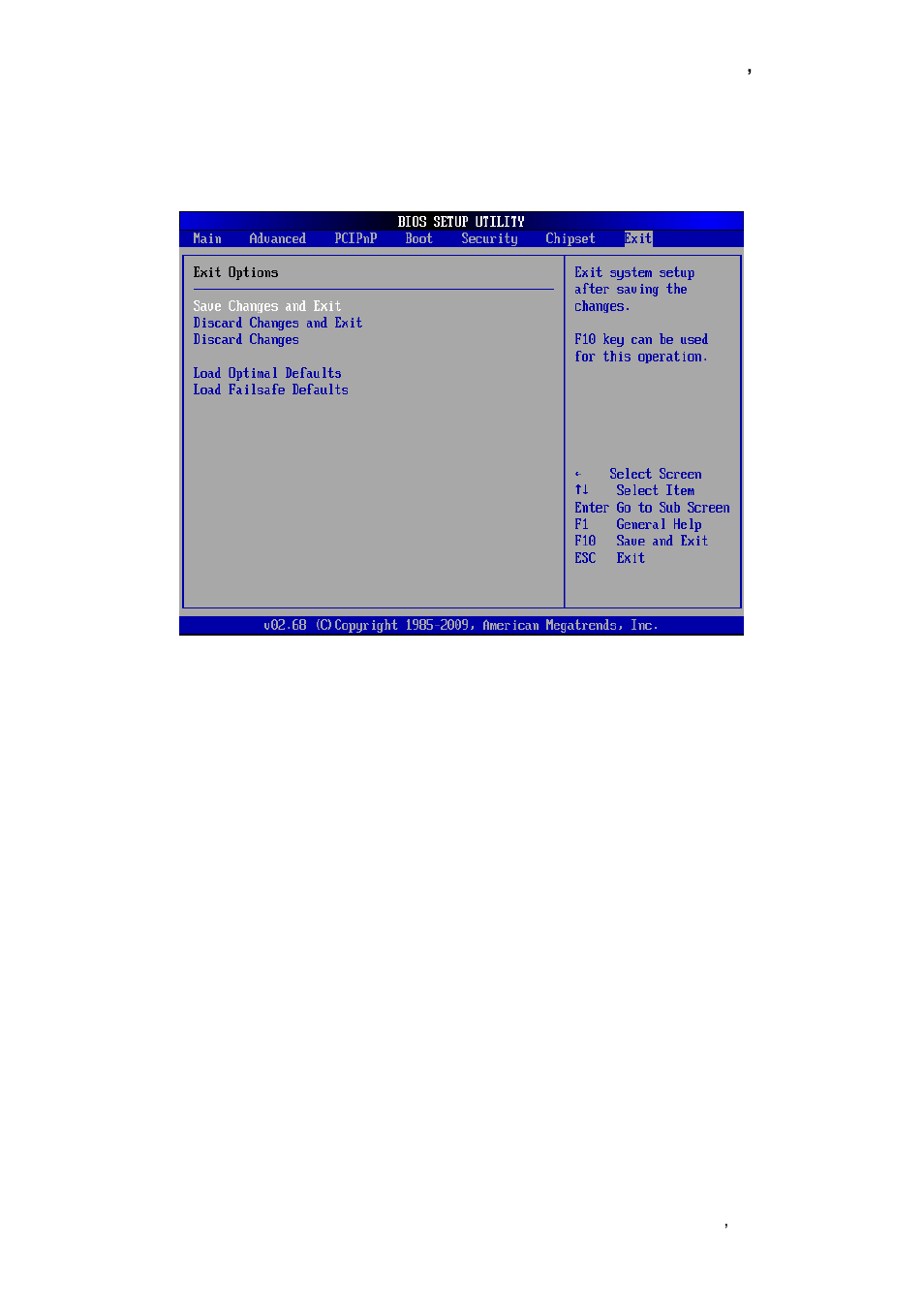 Exit options, 1 save changes and exit, 2 discard changes and exit | 3 discard changes, 4 load optimal defaults, Load failsafe defaults | Avalue ECM-PNV User Manual | Page 69 / 77