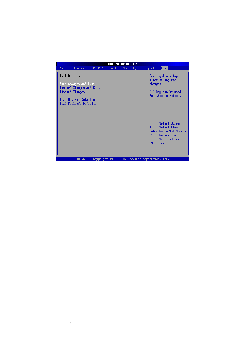 Exit options, Save changes and exit, Discard changes and exit | Discard changes, Load optimal defaults, Load failsafe defaults | Avalue ECM-VX900 User Manual | Page 68 / 74