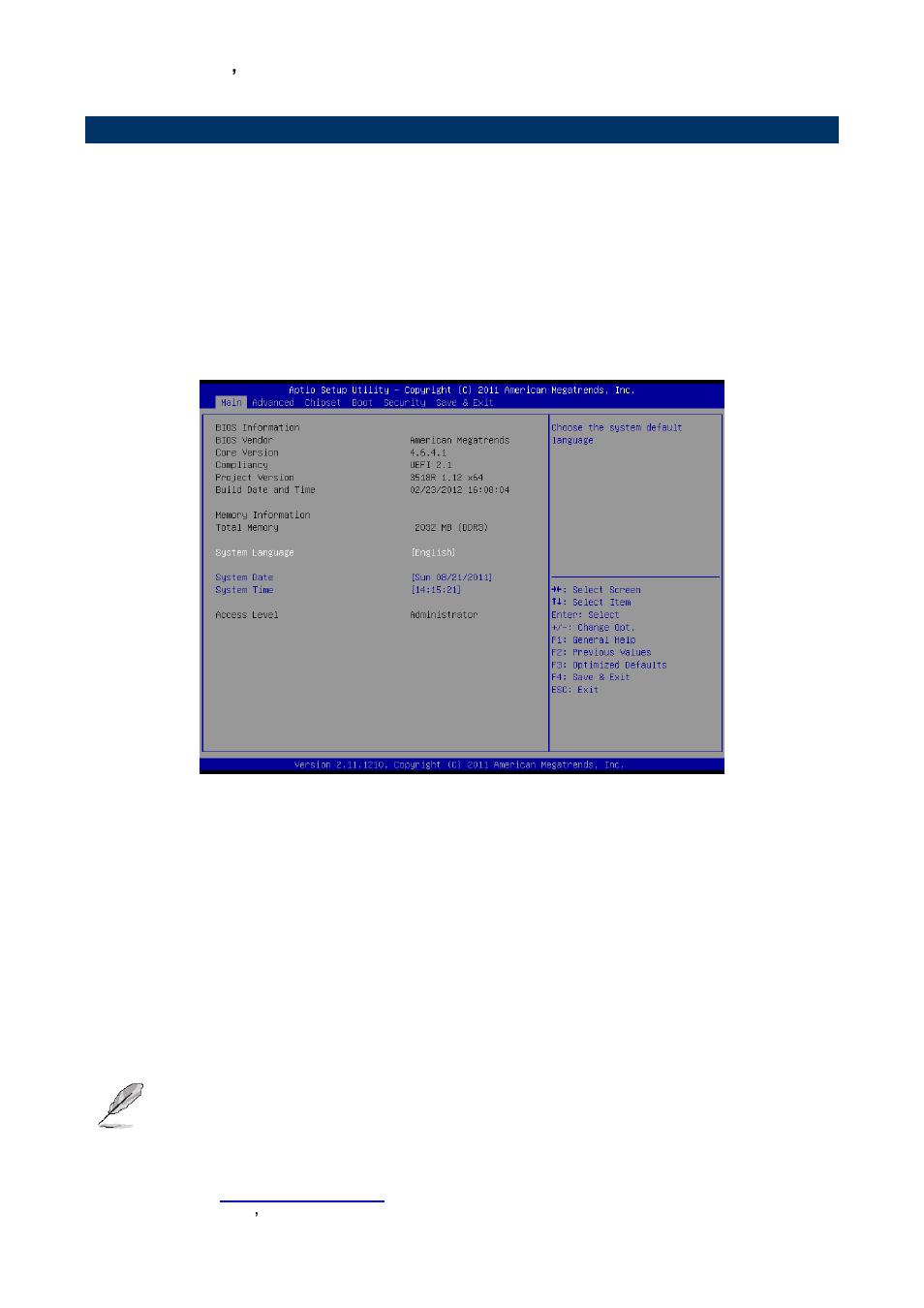 Bios setup, Main menu, System language | System date, System time | Avalue ECM-A50M User Manual | Page 42 / 77