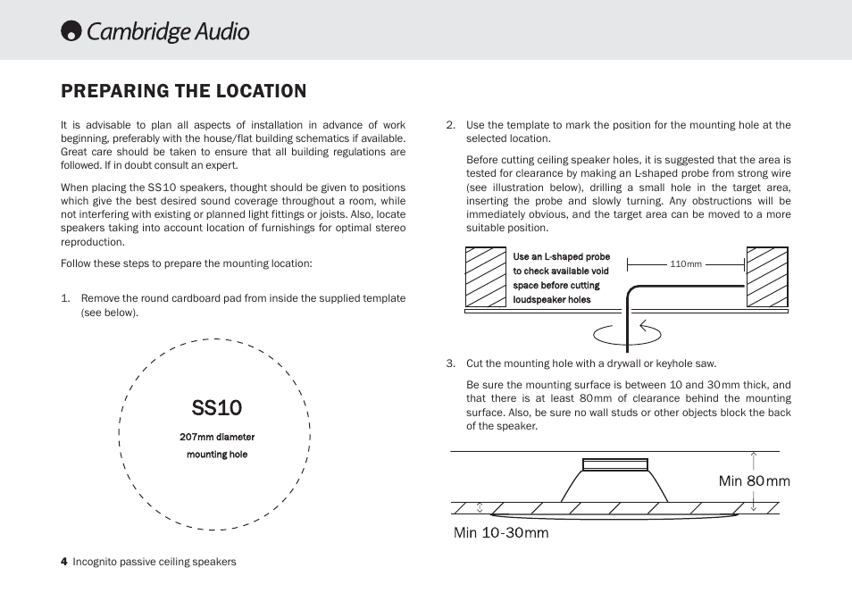 Ss10, Preparing the location | Cambridge Audio Incognito SS10 User Manual | Page 4 / 9