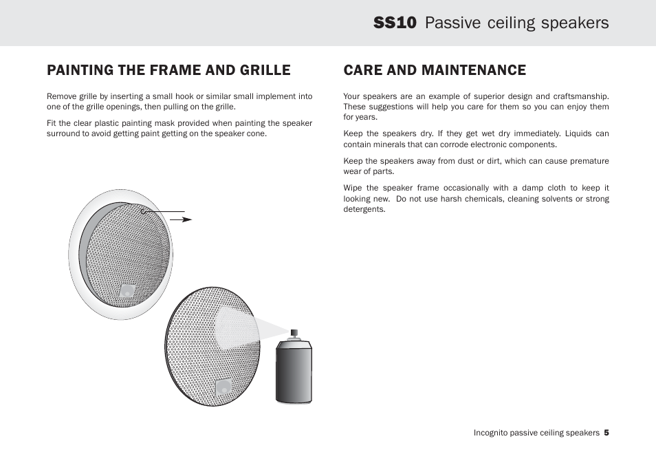 Ss10 passive ceiling speakers, Painting the frame and grille, Care and maintenance | Cambridge Audio Incognito SS10 User Manual | Page 5 / 9