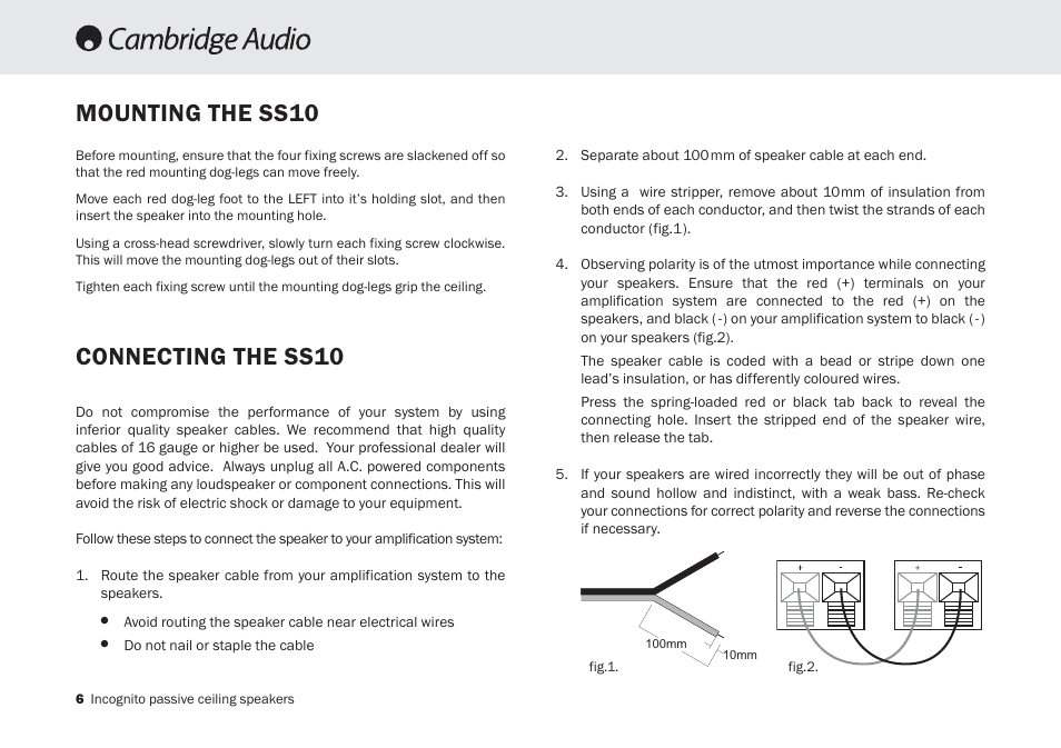 Connecting the ss10, Mounting the ss10 | Cambridge Audio Incognito SS10 User Manual | Page 6 / 9