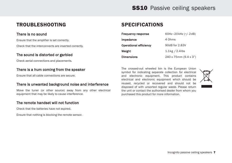 Ss10 passive ceiling speakers, Specifications troubleshooting | Cambridge Audio Incognito SS10 User Manual | Page 7 / 9