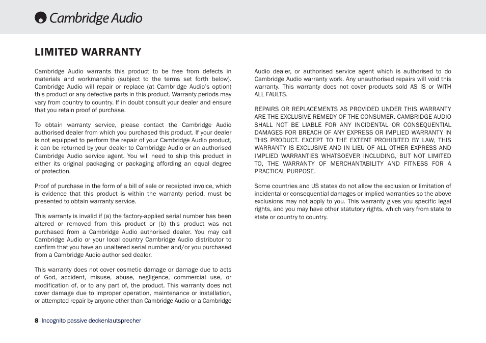 Limited warranty | Cambridge Audio Incognito SS10 User Manual | Page 8 / 9