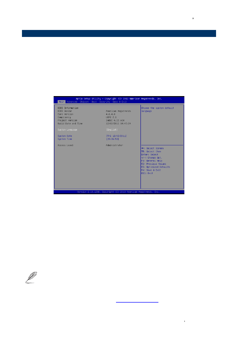 Bios setup, Main menu, System language | System date, System time | Avalue EPI-QM67 User Manual | Page 41 / 91