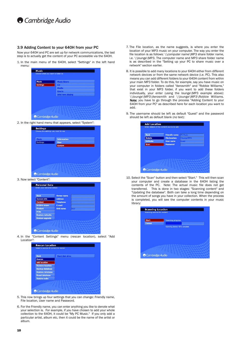9 adding content to your 640h from your pc | Cambridge Audio 640H Azur User Manual | Page 10 / 15