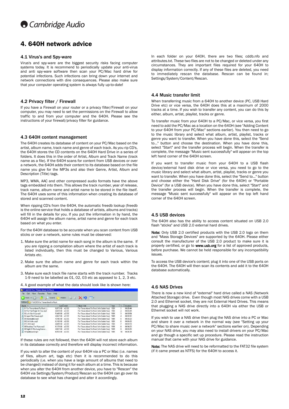 640h network advice, 1 virus's and spy-ware, 2 privacy filter / firewall | 3 640h content management, 4 music transfer limit, 5 usb devices, 6 nas drives | Cambridge Audio 640H Azur User Manual | Page 12 / 15