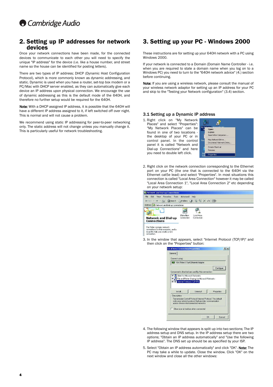 Setting up your pc - windows 2000, Setting up ip addresses for network devices | Cambridge Audio 640H Azur User Manual | Page 4 / 15
